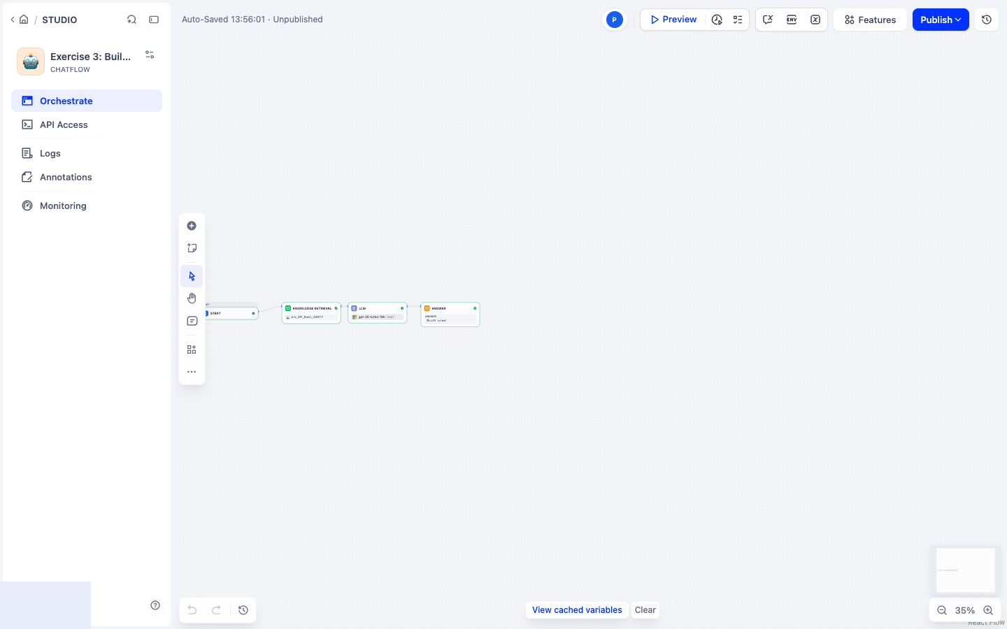 Dify 1.16.1 Chatflow editor with Preview and Publish controls